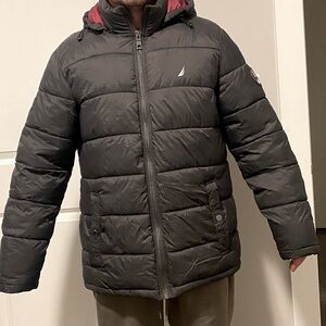 Nautica Mens Performance Water Resistance Hooded Puffer Jacket, Black Size M